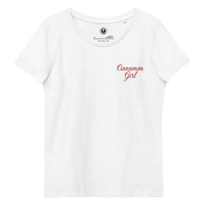 Cinnamon Girl - Premium Lyric Embroidered Women's fitted organic t-shirt - Left Chest - Red Thread