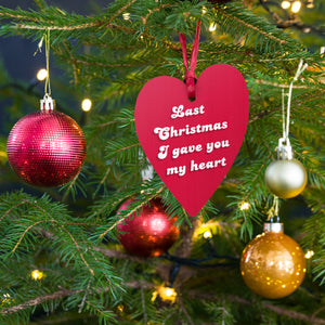 80's 'Last Christmas I Gave Your My Heart' Vintage Style Lyric Printed Wooden Christmas Tree Ornament - Heart Print Back