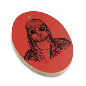 90's Kurt Cobain Vintage Style Pop Art Printed Wooden Christmas Tree Ornament - Red / Leopard Back