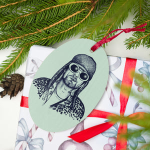 90's Kurt Cobain Vintage Style Pop Art Printed Wooden Christmas Tree Ornament - Sea / Leopard Back