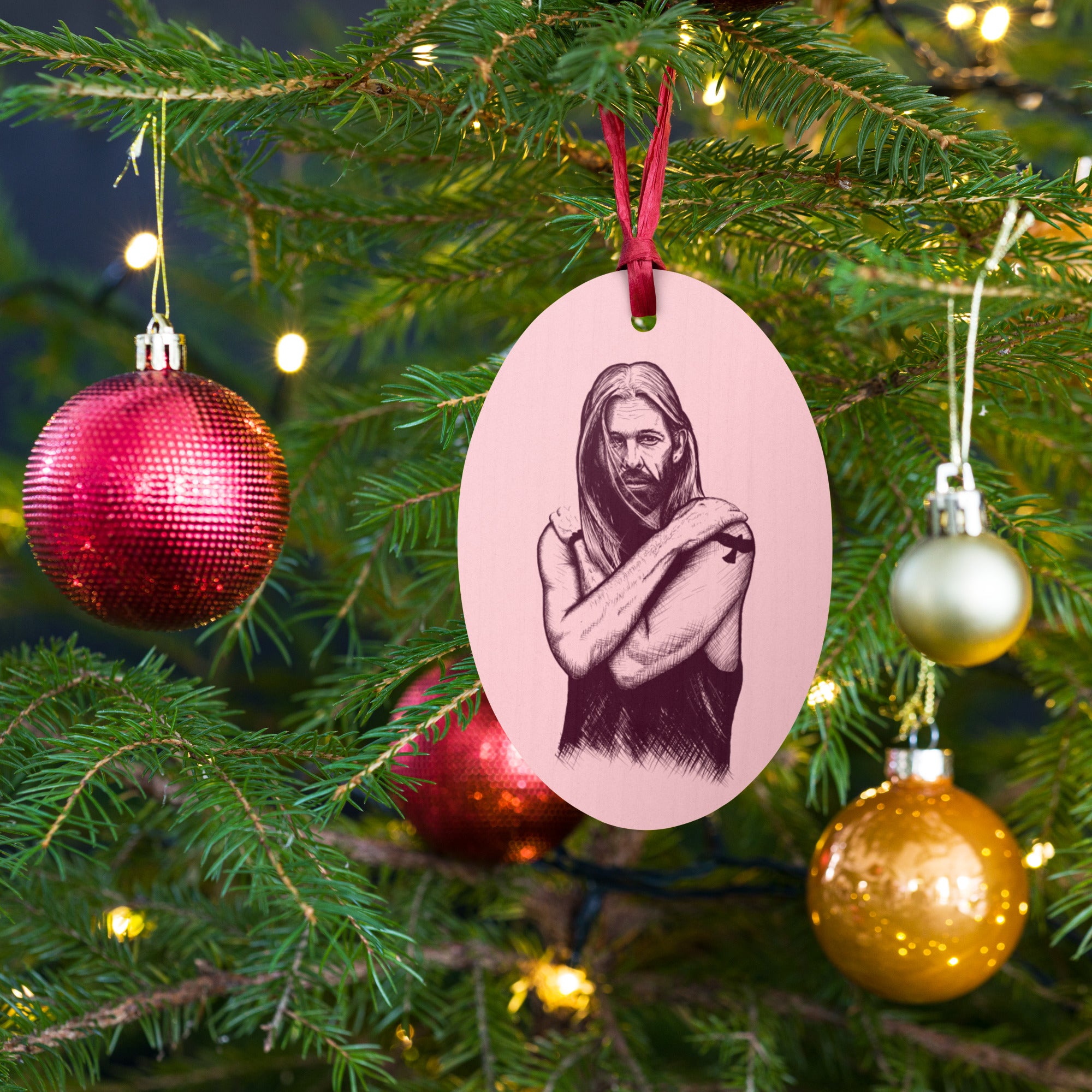 Taylor Hawkins Pop Art Vintage Style Printed Wooden Christmas Tree Holiday Ornaments - Pink / Leopard