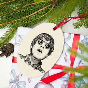 90's Wonderwall Liam Gallagher Vintage Style Pop Art Sketch Printed Wooden Christmas Tree Holiday Ornament - Neutral / Retro sunburst print
