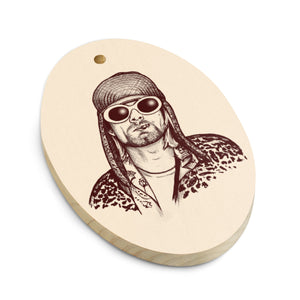90's Kurt Cobain Mono Line Art Printed Wooden Christmas Tree Ornament (Oval or Star) - Leopard Print Back