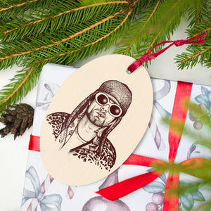 90's Kurt Cobain Mono Line Art Printed Wooden Christmas Tree Ornament (Oval or Star) - Leopard Print Back