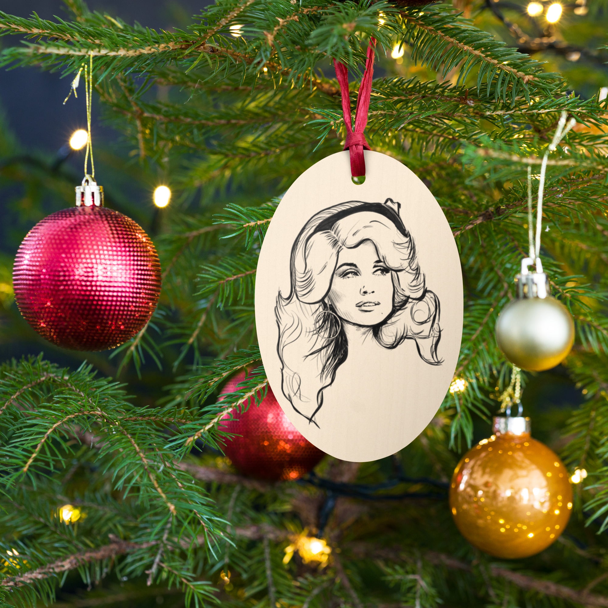 Dolly Parton Line Art Printed Vintage Style Wooden Christmas Tree Holiday Ornament - Retro Pink Print Back