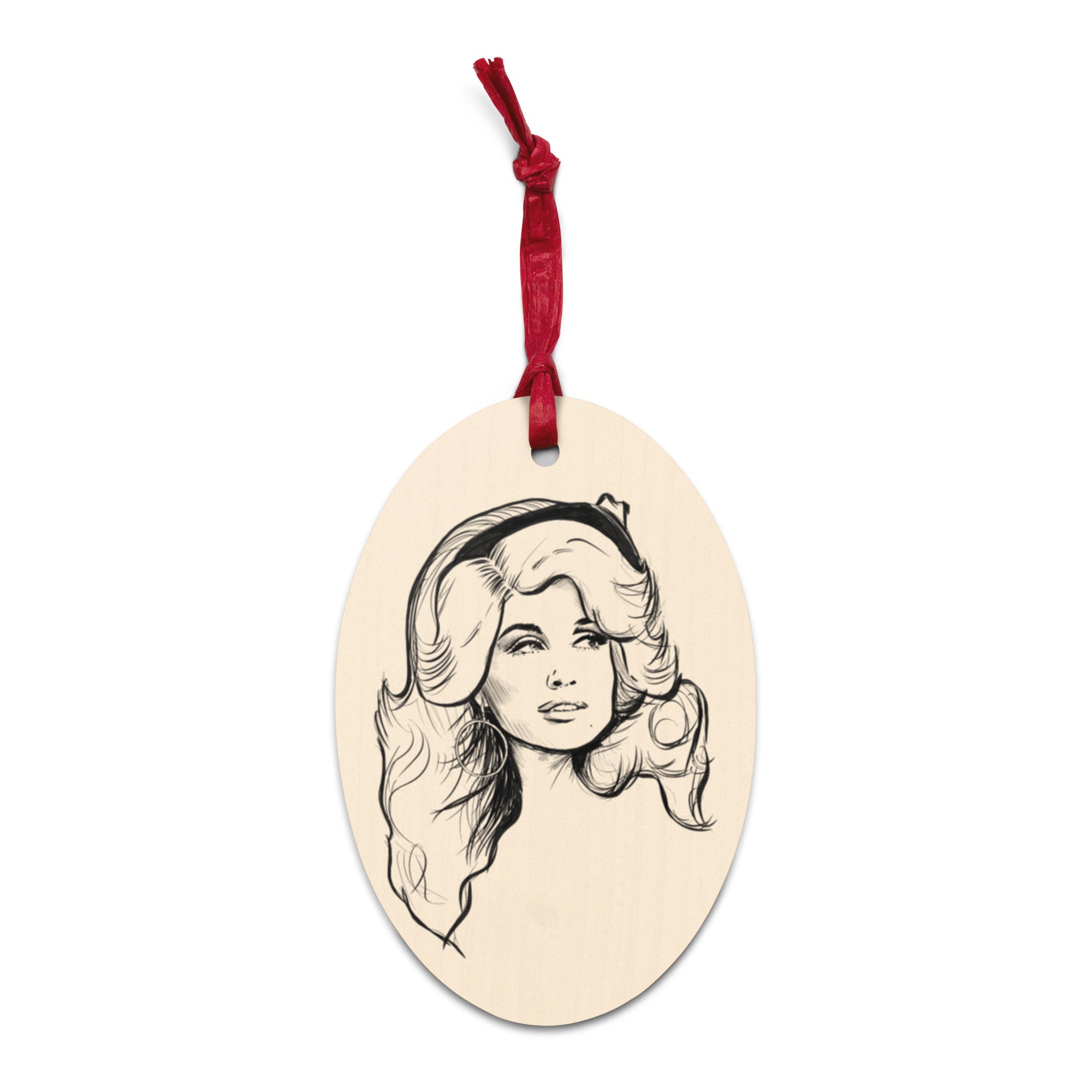 Dolly Parton Line Art Printed Vintage Style Wooden Christmas Tree Holiday Ornament - Retro Pink Print Back