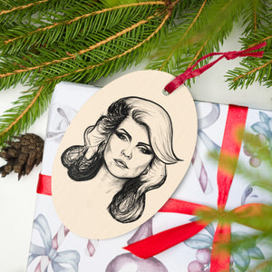 Debbie Harry Blondie Line Art Printed Vintage Style Wooden Christmas Tree Holiday Ornament - Leopard Print Back