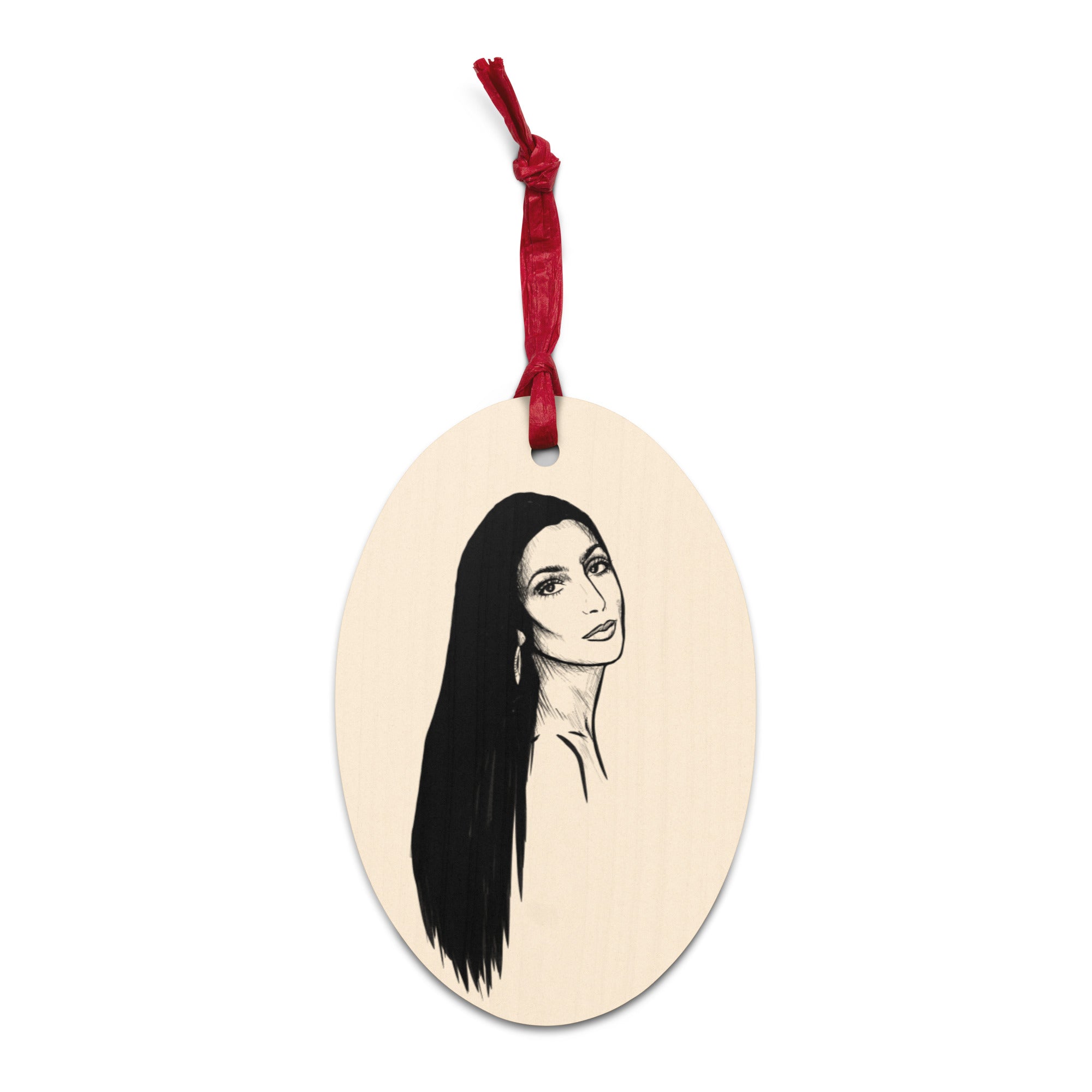 70's Cher Line Art Printed Vintage Style Wooden Christmas Tree Holiday Ornament - Retro Print Back