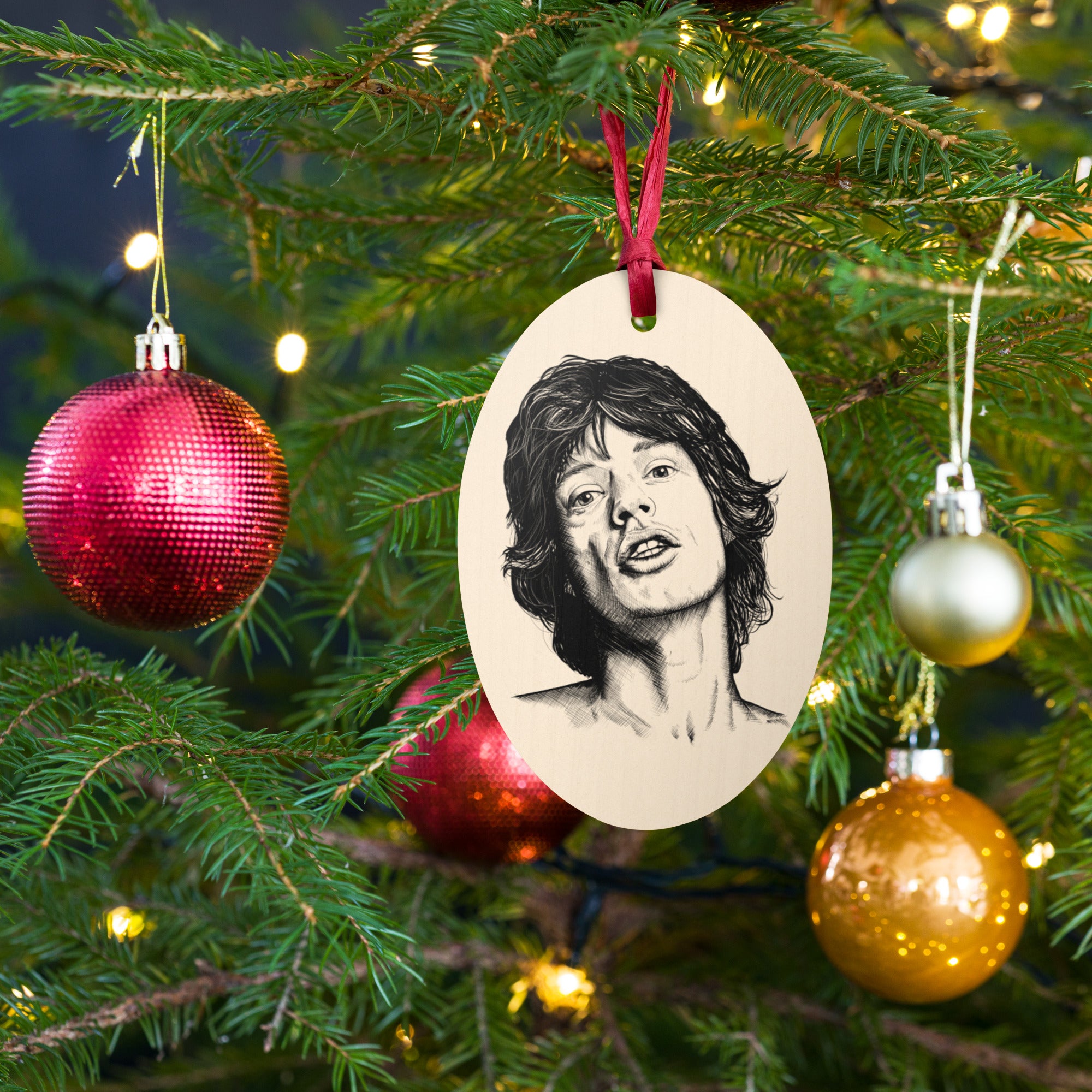 米克·贾格尔线条艺术印花木制圣诞树节日装饰品 - 70 年代印刷背面