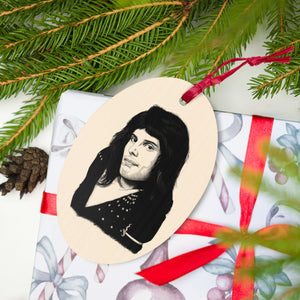Vintage Style 70's Freddie Mercury Queen Pop Art Sketch Printed Wooden Christmas Holiday Ornament - Star Print Back