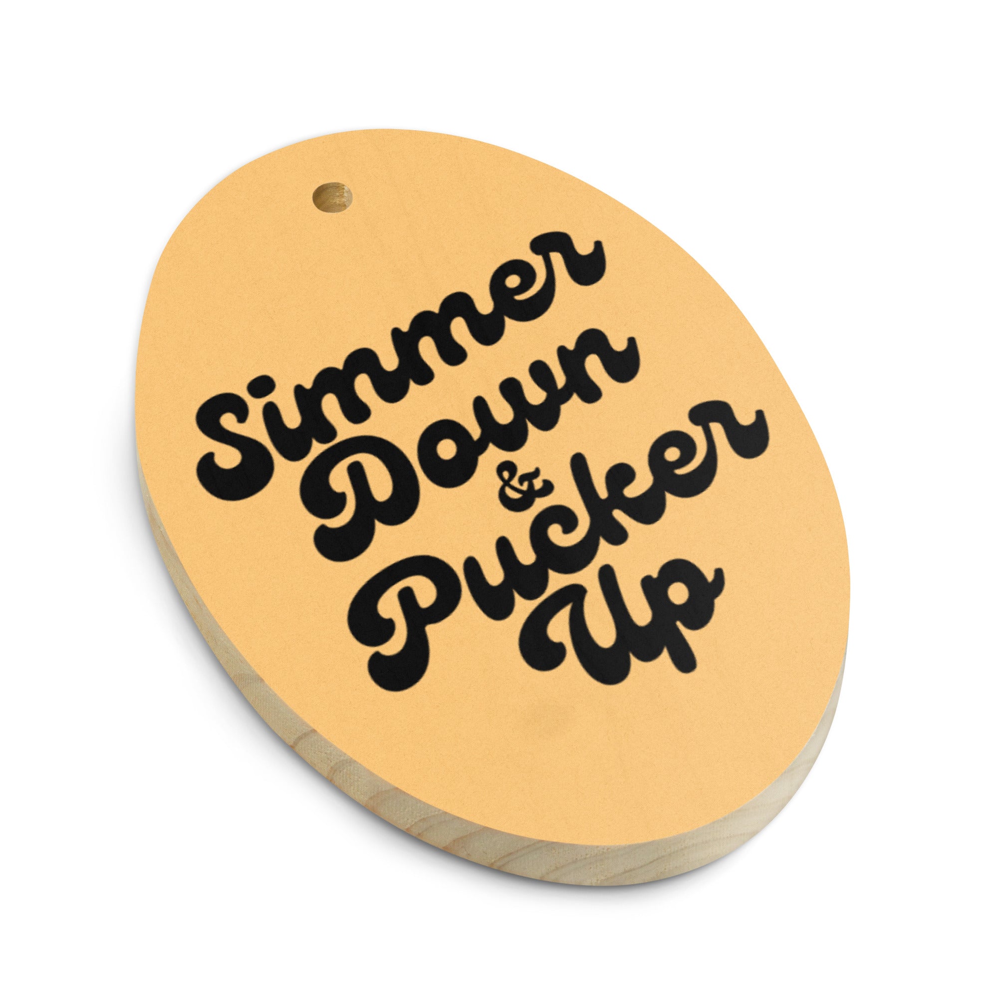 Simmer Down & Pucker Up 70's Typography Premium Printed Vintage Style Wooden Christmas Tree Holiday ornament - Vintage Gold / Black with Leopard back