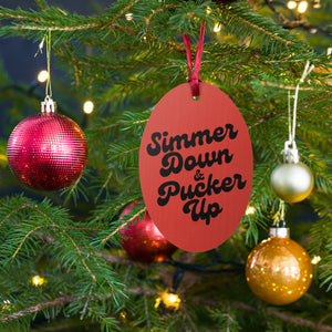 Simmer Down & Pucker Up 70's Typography Printed Vintage Style Wooden Christmas Tree Holiday ornaments- Red with Leopard Back