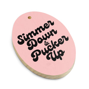Simmer Down & Pucker Up 70's Typography Premium Printed Vintage Style Wooden Christmas Tree Holiday ornaments - Pink with leopard back