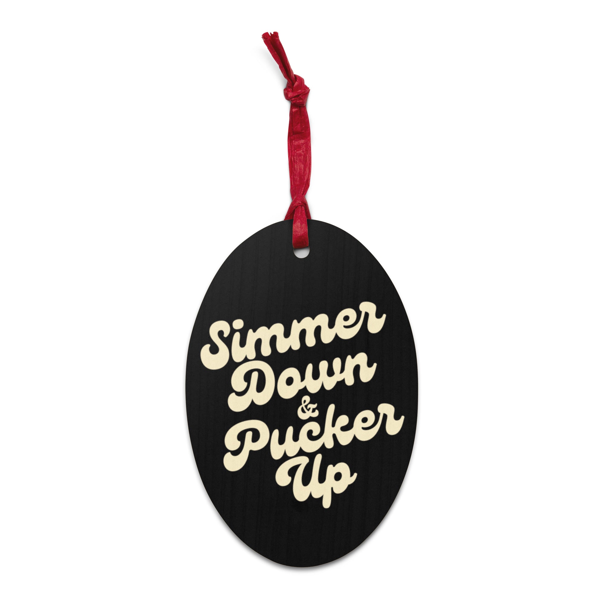Simmer Down & Pucker Up 70's Typography Premium Printed Vintage Style Wooden Christmas Tree Holiday ornaments - Black / Champagne with Star Print Back