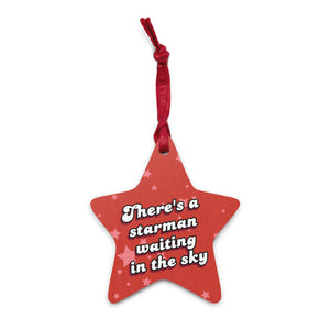 70's There's A Starman Waiting In The Sky Vintage Style Bowie Lyric Printed Wooden Christmas Tree Holiday ornaments (Pink / Red Star)