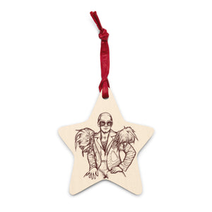 70's Elton John Mono Line Art Printed Wooden Christmas Tree Ornament (Oval or Star) - Star Print Back
