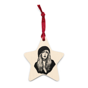 Stevie Nicks Line Art Printed Wooden Christmas Tree Holiday Ornament - Star Print Back