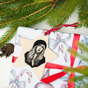 Stevie Nicks Line Art Printed Wooden Christmas Tree Holiday Ornament - Star Print Back