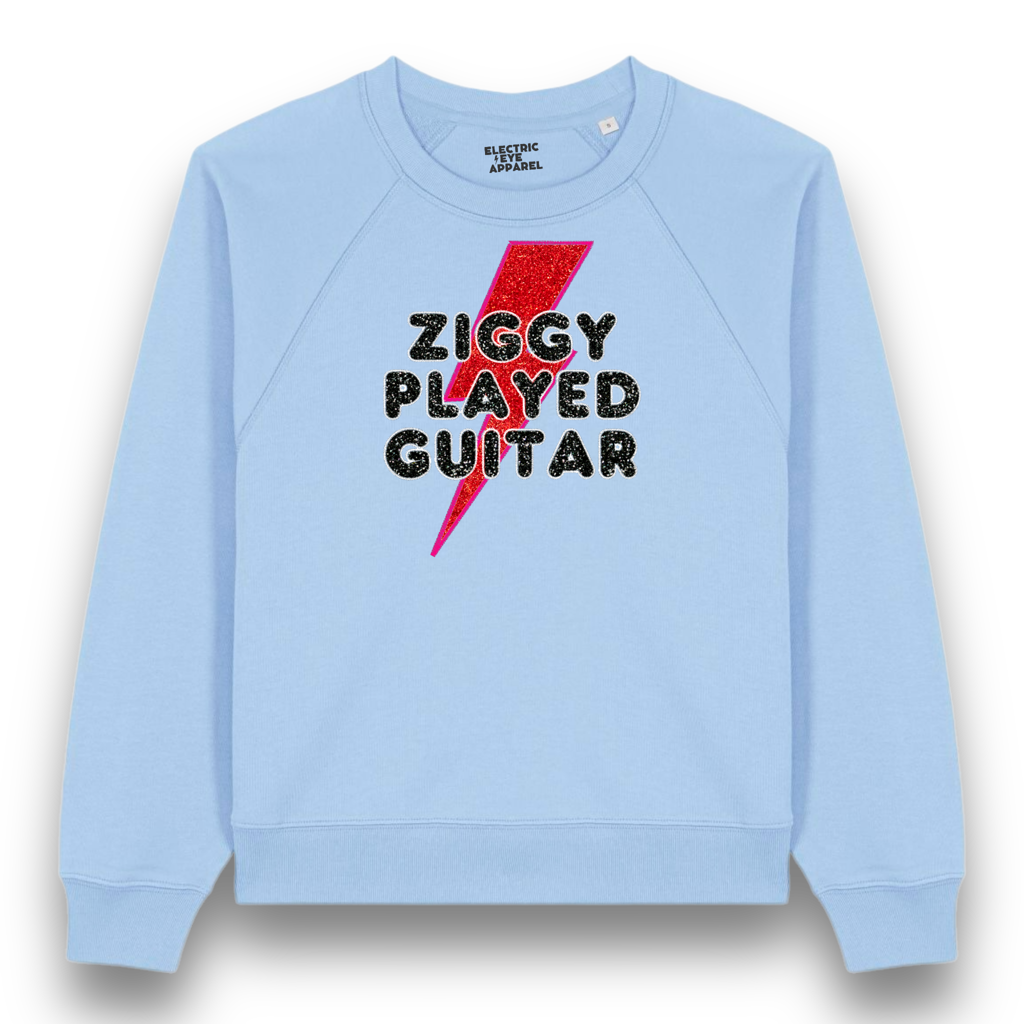 Limited Edition 'ZIGGY PLAYED GUITAR' 1970s glam glitter embroidered organic women's raglan sleeve 'Clara' sweatshirt - inspired by David Bowie & The Spiders From Mars