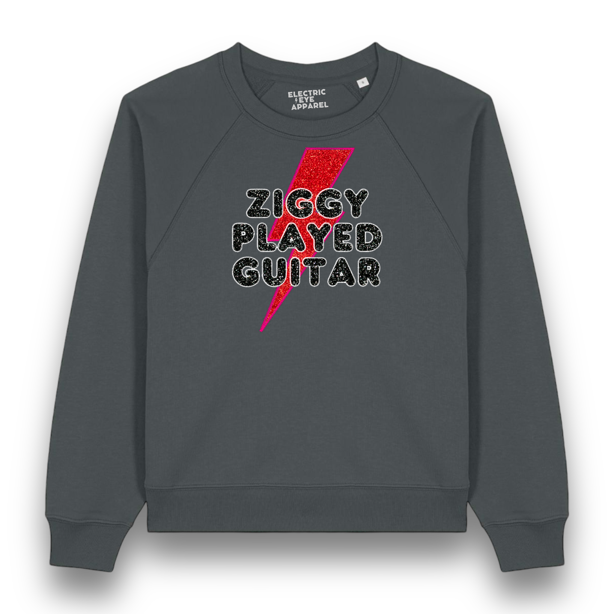 Limited Edition 'ZIGGY PLAYED GUITAR' 1970s glam glitter embroidered organic women's raglan sleeve 'Clara' sweatshirt - inspired by David Bowie & The Spiders From Mars