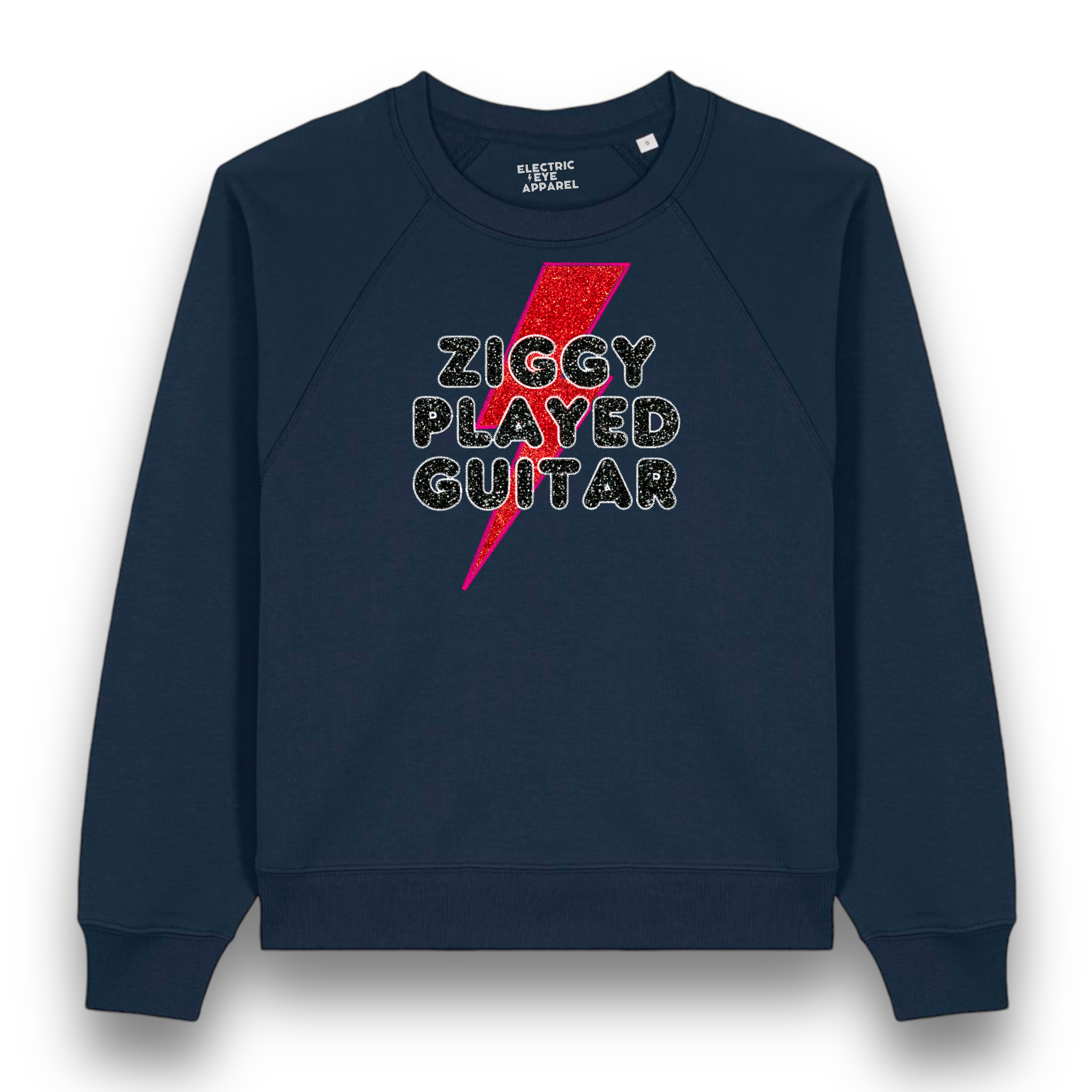 Limited Edition 'ZIGGY PLAYED GUITAR' 1970s glam glitter embroidered organic women's raglan sleeve 'Clara' sweatshirt - inspired by David Bowie & The Spiders From Mars