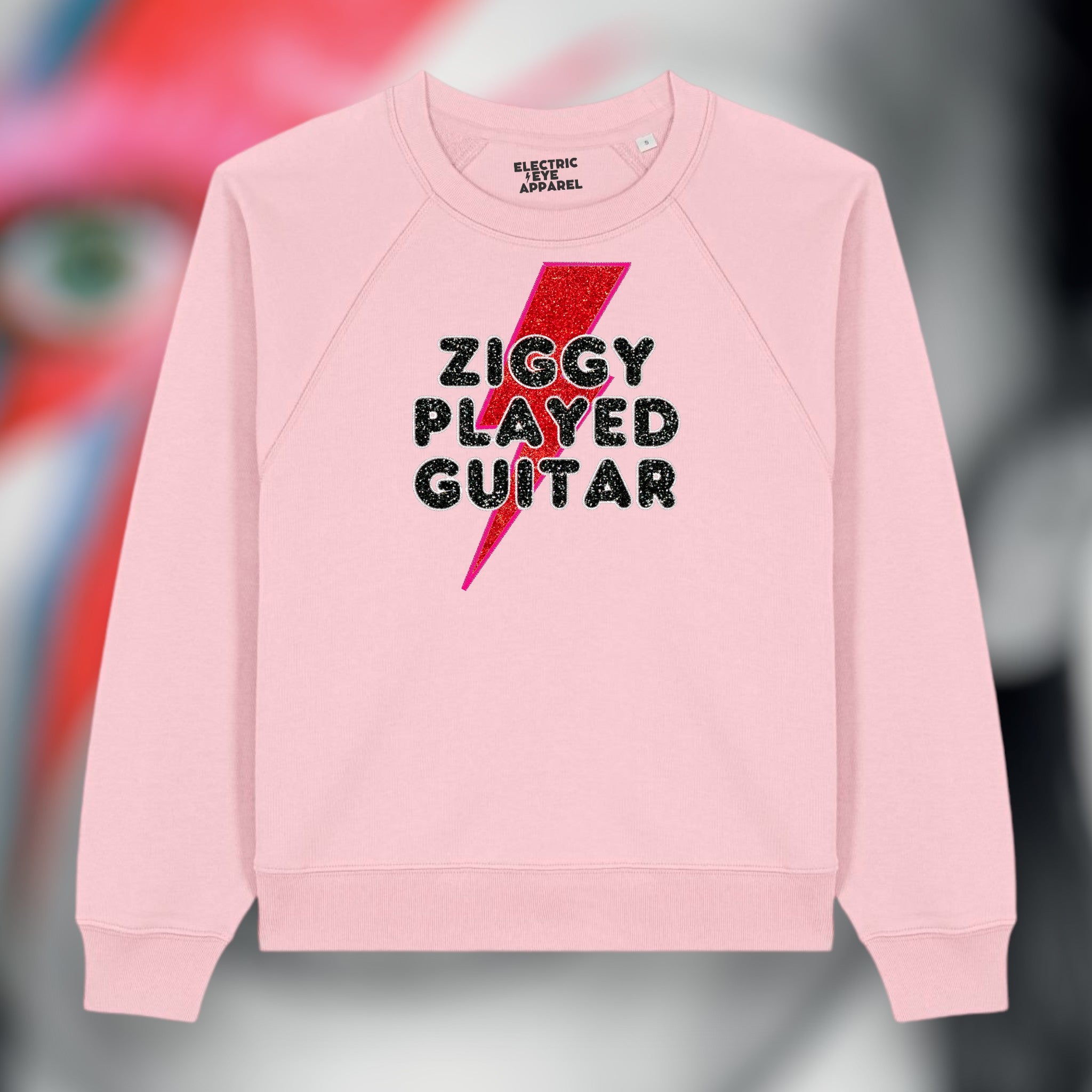 Limited Edition 'ZIGGY PLAYED GUITAR' 1970s glam glitter embroidered organic women's raglan sleeve 'Clara' sweatshirt - inspired by David Bowie & The Spiders From Mars