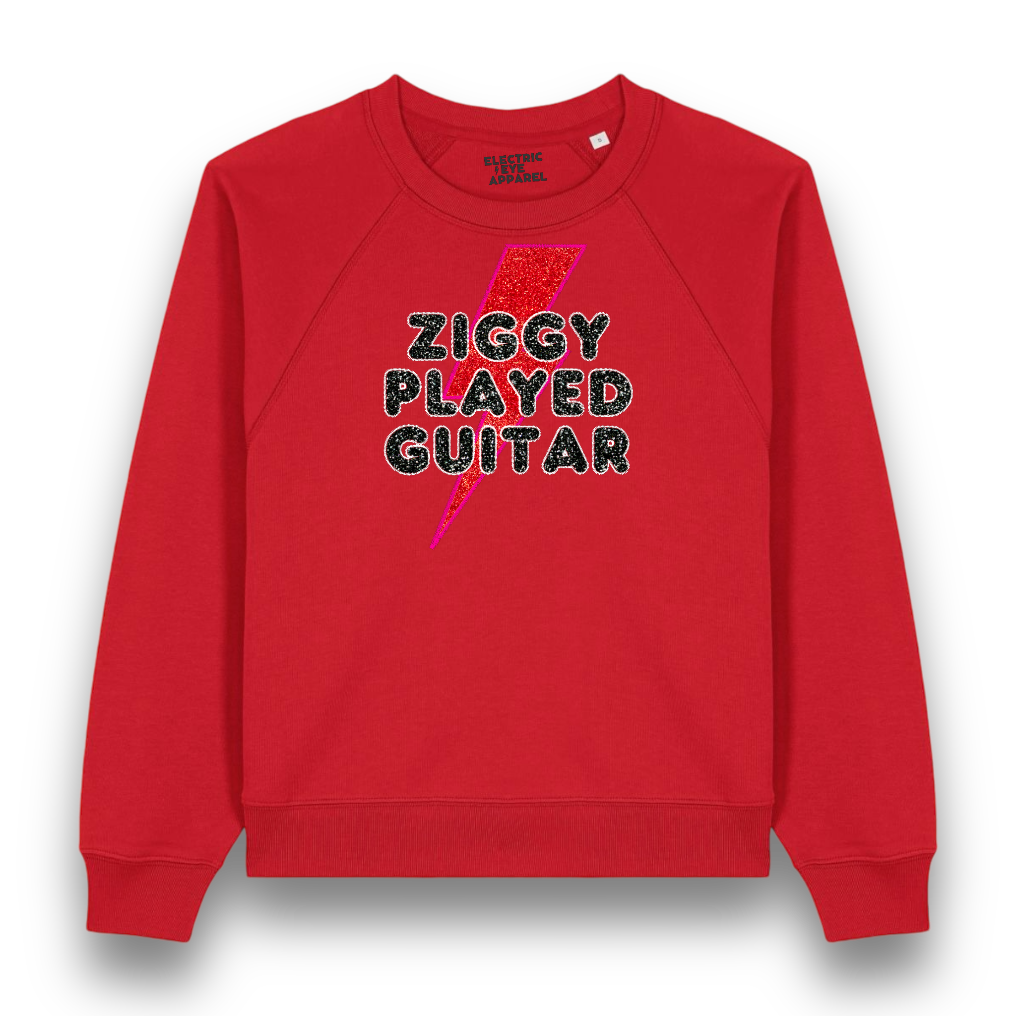 Limited Edition 'ZIGGY PLAYED GUITAR' 1970s glam glitter embroidered organic women's raglan sleeve 'Clara' sweatshirt - inspired by David Bowie & The Spiders From Mars