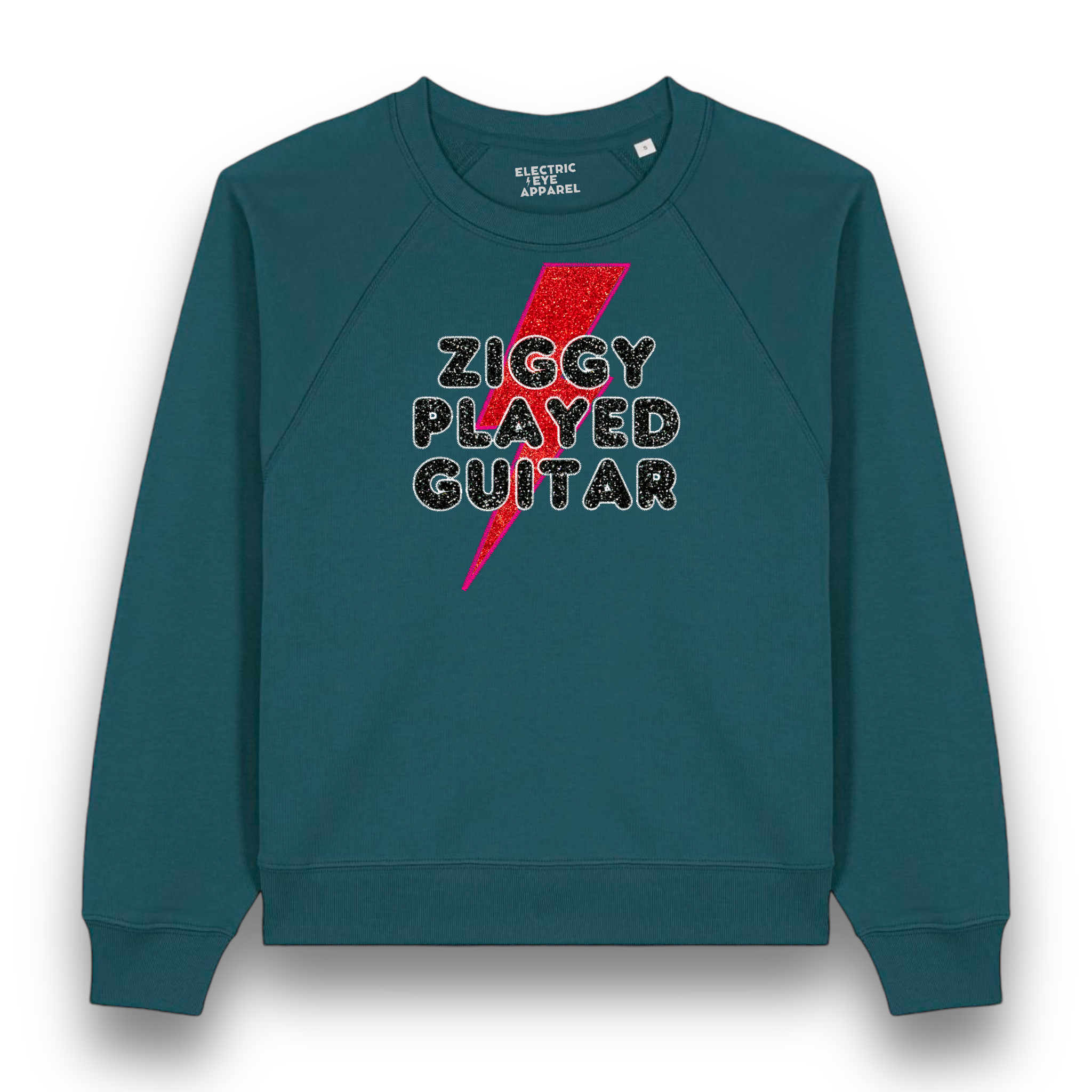 Limited Edition 'ZIGGY PLAYED GUITAR' 1970s glam glitter embroidered organic women's raglan sleeve 'Clara' sweatshirt - inspired by David Bowie & The Spiders From Mars