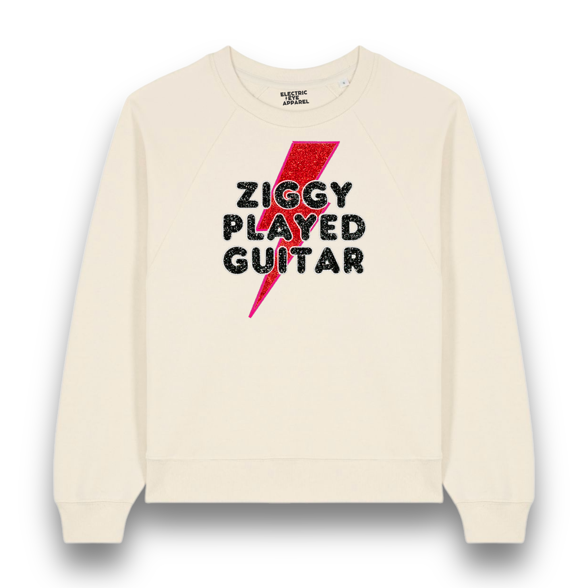 Limited Edition 'ZIGGY PLAYED GUITAR' 1970s glam glitter embroidered organic women's raglan sleeve 'Clara' sweatshirt - inspired by David Bowie & The Spiders From Mars