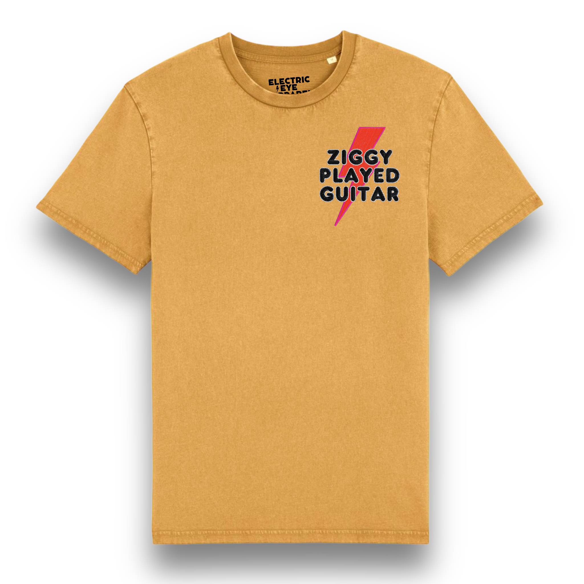 'ZIGGY PLAYED GUITAR' Bowie Bolt left chest embroidered premium organic unisex 'creator vintage' aged t-shirt - inspired by David Bowie & The Spiders From Mars