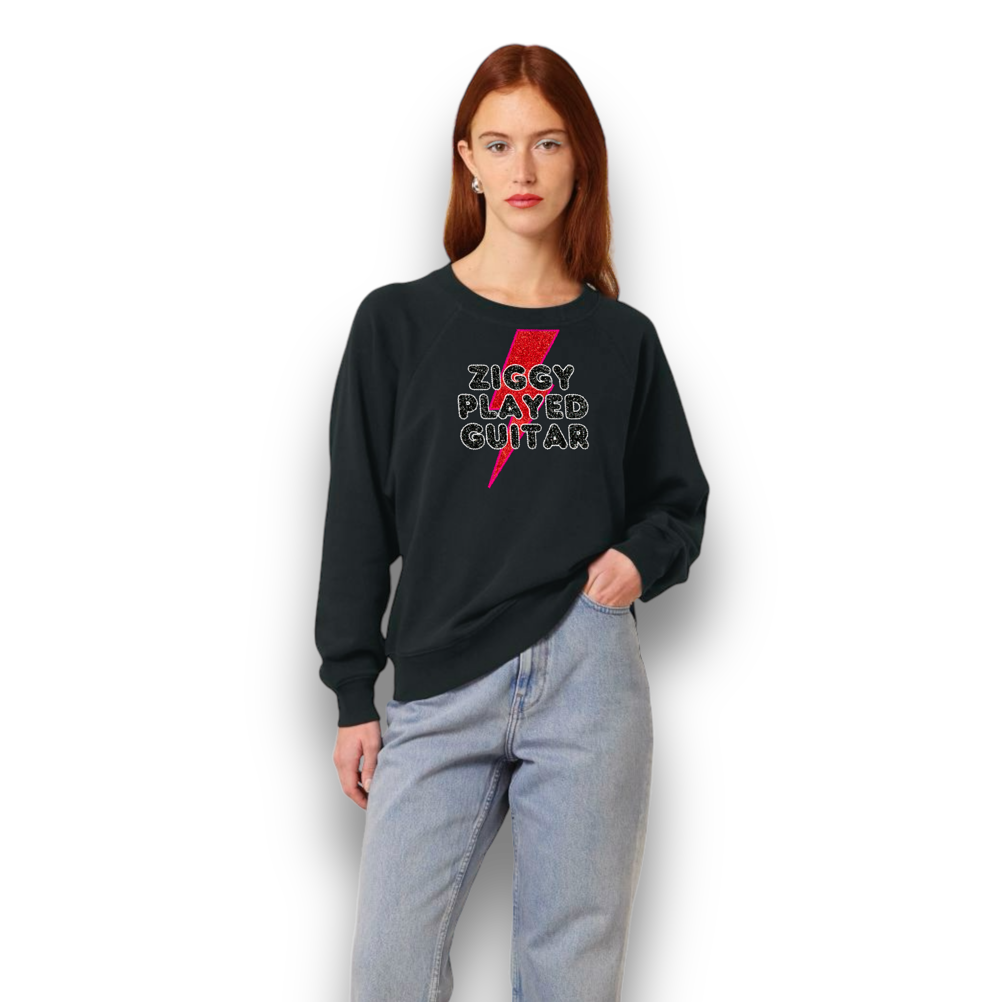 Limited Edition 'ZIGGY PLAYED GUITAR' 1970s glam glitter embroidered organic women's raglan sleeve 'Clara' sweatshirt - inspired by David Bowie & The Spiders From Mars