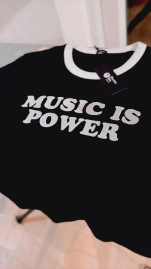 LIMITED AVAILIBILITY ‘MUSIC IS POWER’ EMBROIDERED UNISEX 70'S STYLE ORGANIC COTTON BLACK RINGER T-SHIRT (NEW STYLE)