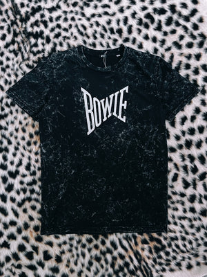 ‘BOWIE’ FAME FONT EMBROIDERED UNISEX ORGANIC COTTON ACID WASH T-SHIRT - optional embroidery colour