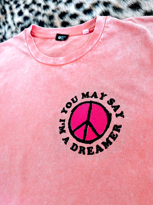'YOU MAY SAY I'M A DREAMER' PEACE SIGN EMBROIDERED UNISEX GARMENT DYED ORGANIC COTTON 'CREATOR VINTAGE' T-SHIRT