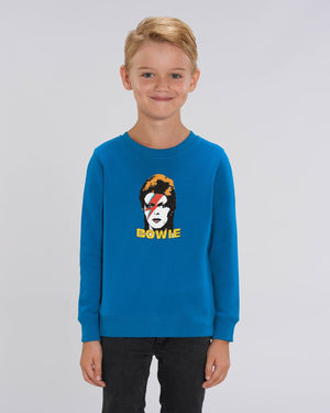 儿童复古 BOWIE 流行艺术脸部刺绣有机棉圆领卫衣 - 可选“BOWIE”文字颜色