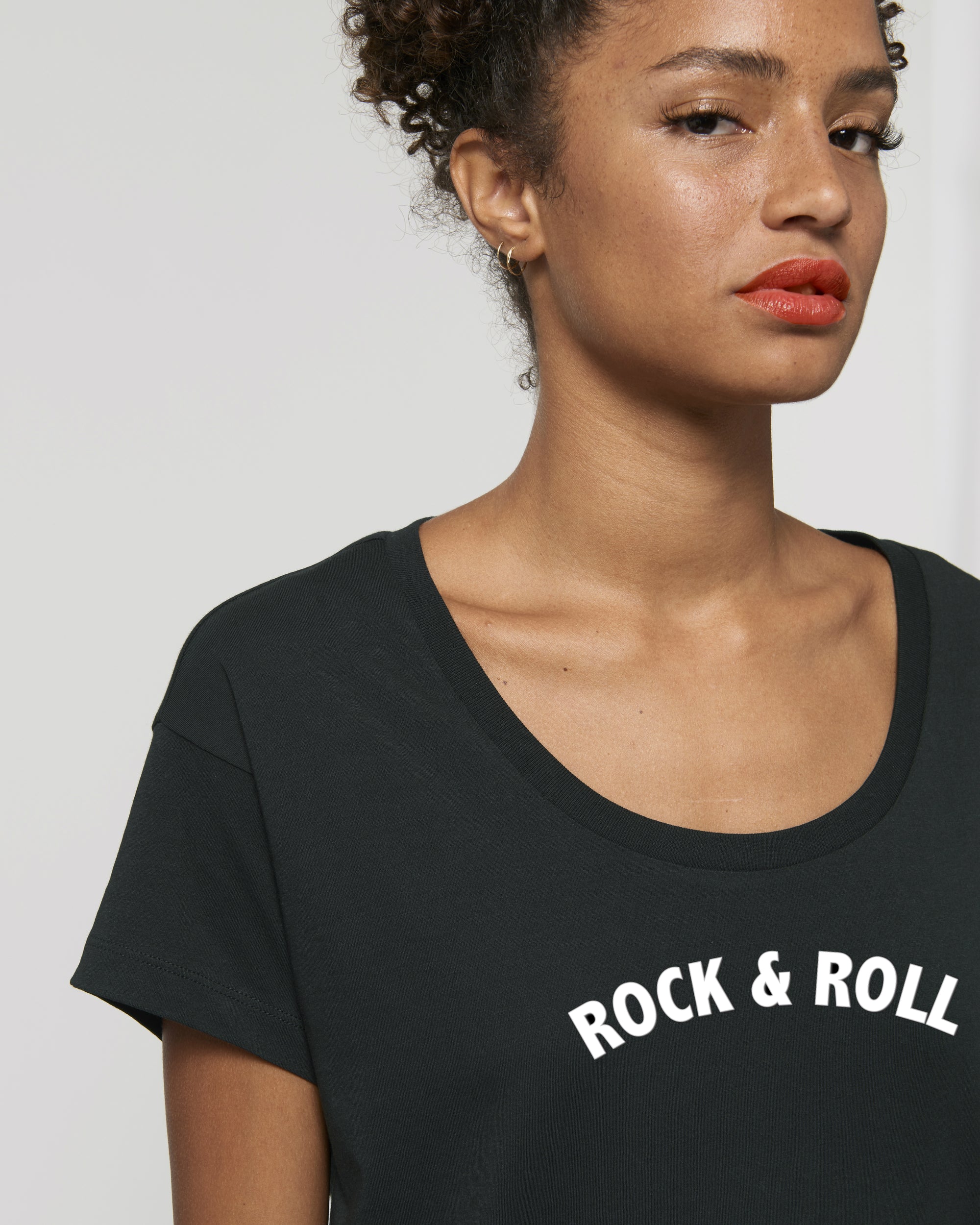'ROCK & ROLL' EMBROIDERED WOMEN'S SCOOP NECK RELAXED FIT ORGANIC COTTON T-SHIRT