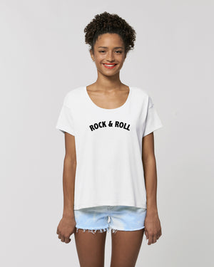 'ROCK & ROLL' EMBROIDERED WOMEN'S SCOOP NECK RELAXED FIT ORGANIC COTTON T-SHIRT