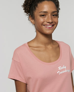 'RUBY TUESDAY' EMBROIDERED WOMEN'S SCOOP NECK RELAXED FIT ORGANIC COTTON T-SHIRT