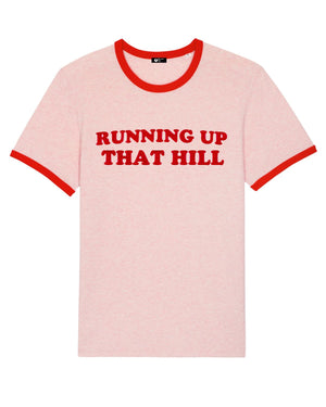 'RUNNING UP THAT HILL’ EMBROIDERED UNISEX 70'S STYLE ORGANIC COTTON BLACK RINGER T-SHIRT