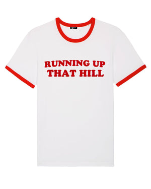 'RUNNING UP THAT HILL’ EMBROIDERED UNISEX 70'S STYLE ORGANIC COTTON BLACK RINGER T-SHIRT