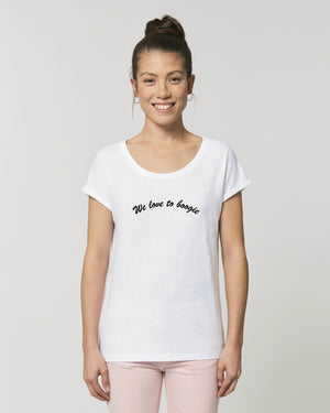 'WE LOVE TO BOOGIE' EMBROIDERED WOMEN'S ROLLED SLEEVE ORGANIC COTTON SLUB T-SHIRT