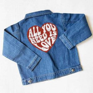 'ALL YOU NEED IS LOVE' RETRO 70'S BADGE EMBROIDERED BABY ROCKS 100% ORGANIC COTTON DENIM JACKET