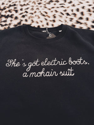 ‘SHE’S GOT ELECTRIC BOOTS, A MOHAIR SUIT' EMBROIDERED ORGANIC COTTON UNISEX CREW NECK ‘ROLLER' SWEATSHIRT (optional thread colour)