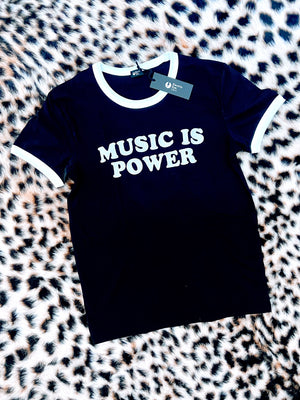 LIMITED AVAILIBILITY ‘MUSIC IS POWER’ EMBROIDERED UNISEX 70'S STYLE ORGANIC COTTON BLACK RINGER T-SHIRT (NEW STYLE)